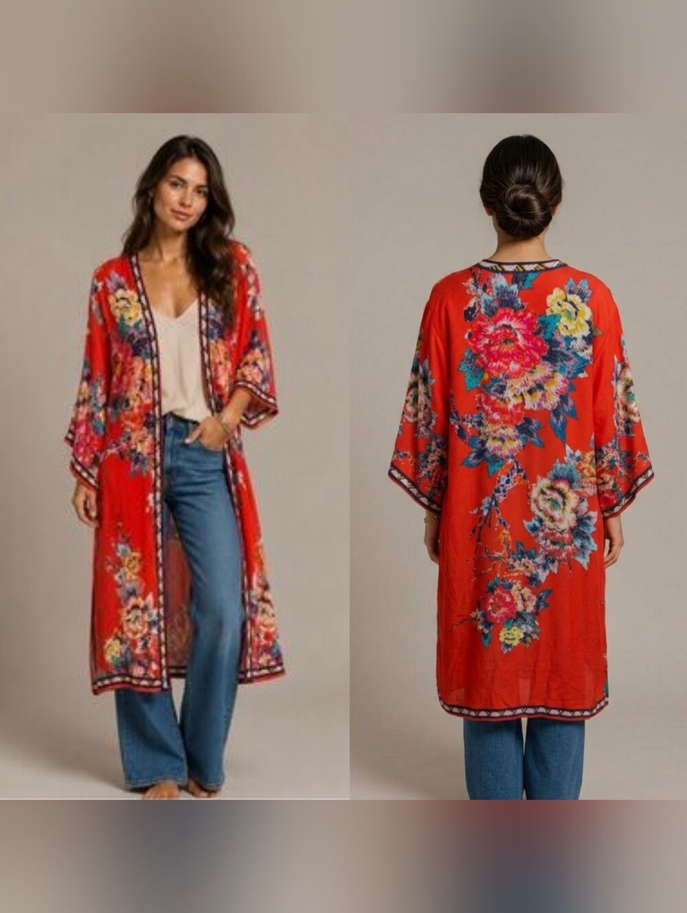 Flying Tomato Red Floral Kimono Duster Cardigan S/M Boho Beach Cover Up